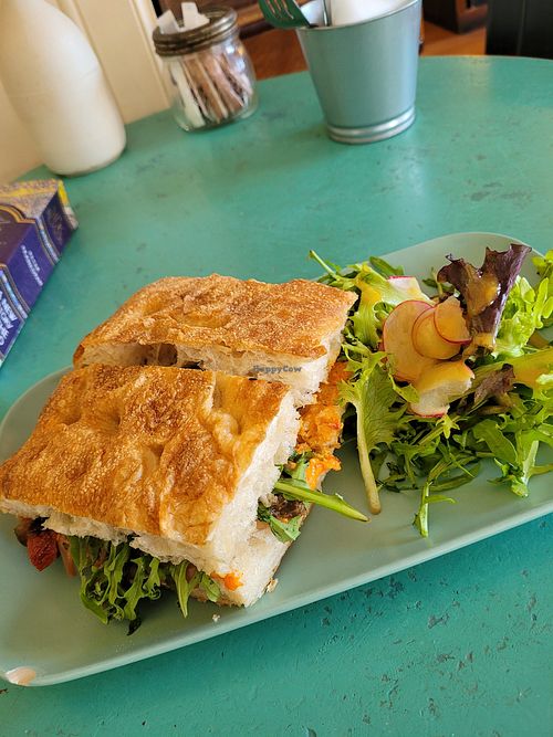 Roast veg and hummus foccacia with great salad on the side at The Old Spence Café in Edinburgh