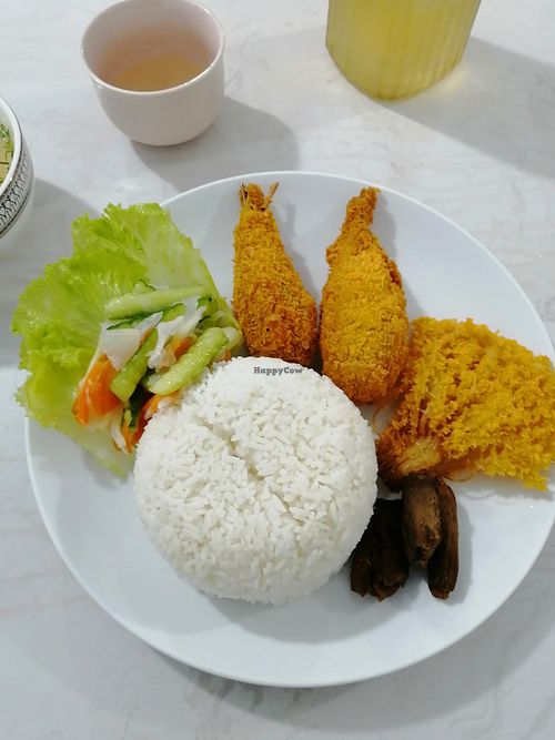 Vegan Chicken leg with rice. at VKF Vegetarian in Preah Sihanouk