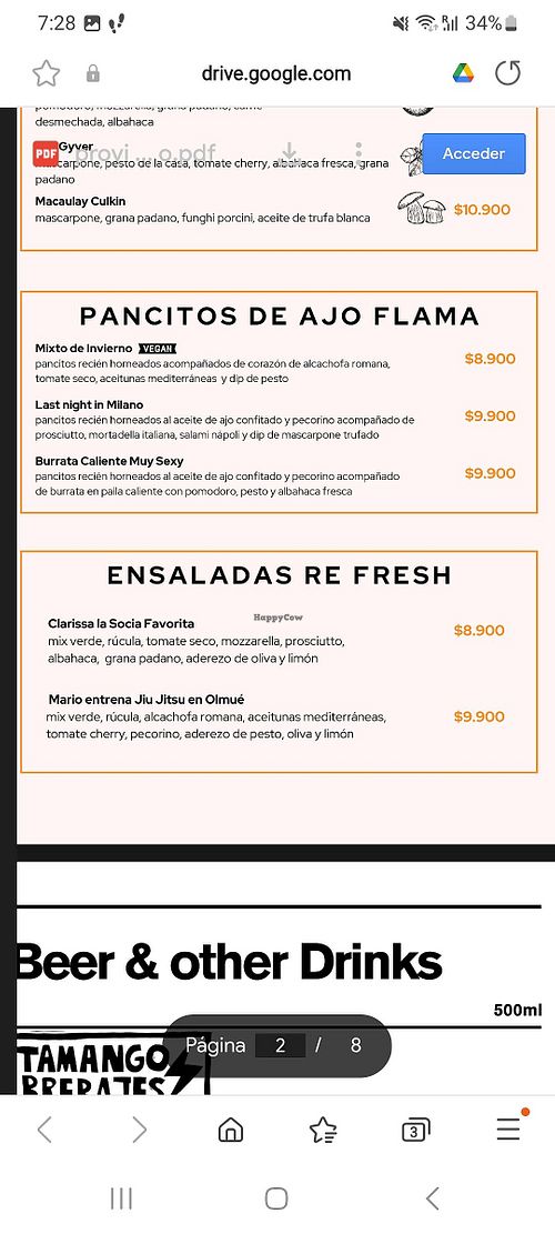 Vegan items on the food menu at Bar Flama in Santiago