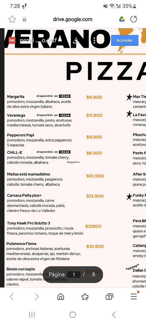 Vegan options on the food menu at Bar Flama in Santiago