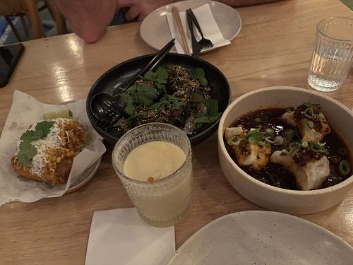 Corn ribs, zucchini, and dumplings! The rub on the corn ribs was sooooo yummy!!   at The Fields in Mansfield