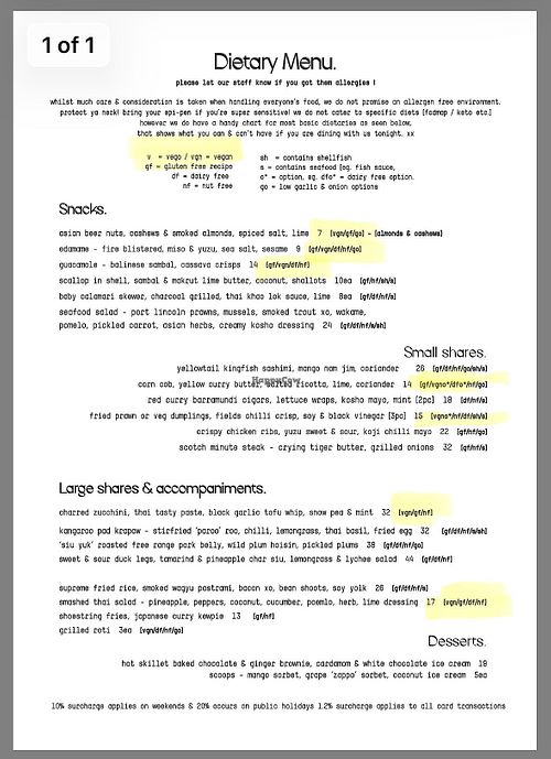 Dietary menu as of Jan 2026  at The Fields in Mansfield