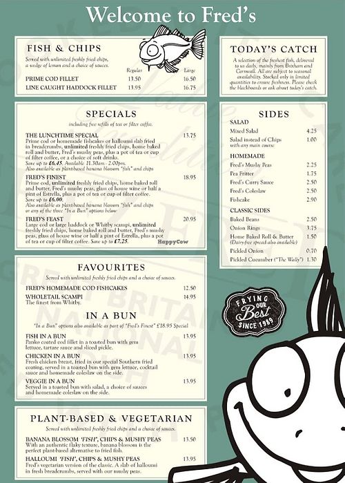 Menu at Chez Fred in Bournemouth