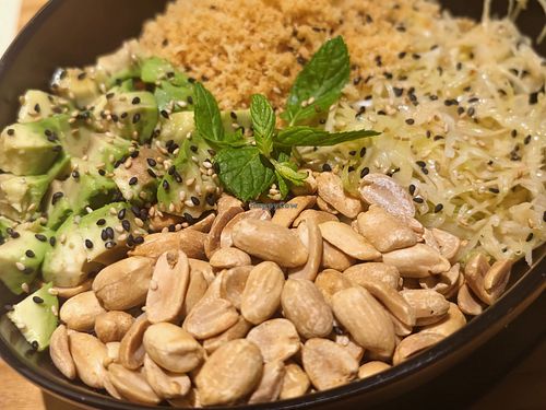 Peanut poke bowl, with peanuts, avocado, a yummy cabbage salad, divine fried panko breadcrumbs, and sushi rice. Very filling! at Kayu Sushi in Sfax