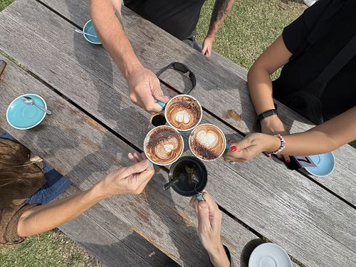 Soy milk cappuccino & mint teaa  at Scramble & Bean in Rushcutters Bay