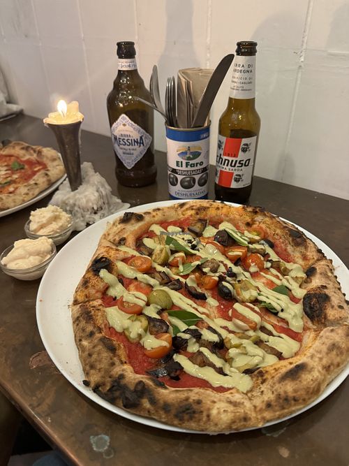 Vegan caponata pizza with basil crema  at Pizza Plz in Penzance