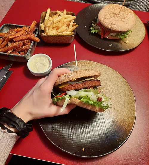 Vegan Burgers with normal and sweet potato fries and vegan aioli sauce at BURGASM in Mo I Rana