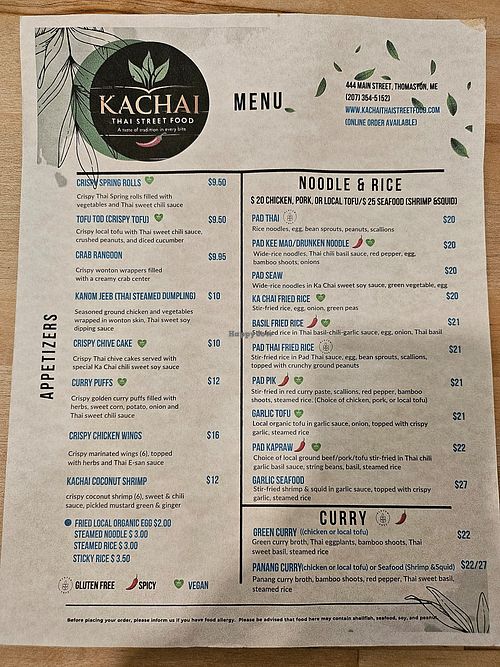 MENU at Ka Chai in Thomaston