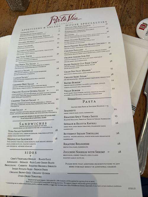 Menu  at Porta Via Calabasas in Calabasas