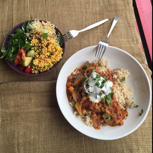 salad and chickpea curry  at Black Cat in East London