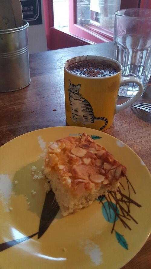 almond cake and hot chocolate at Black Cat in East London