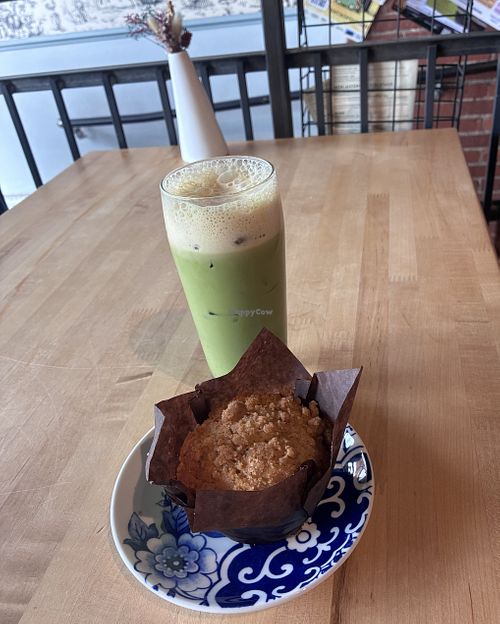 Coffee cake muffin and peach crumble iced matcha latte (with oatmilk)  at De Fer Coffee & Tea  in Pittsburgh