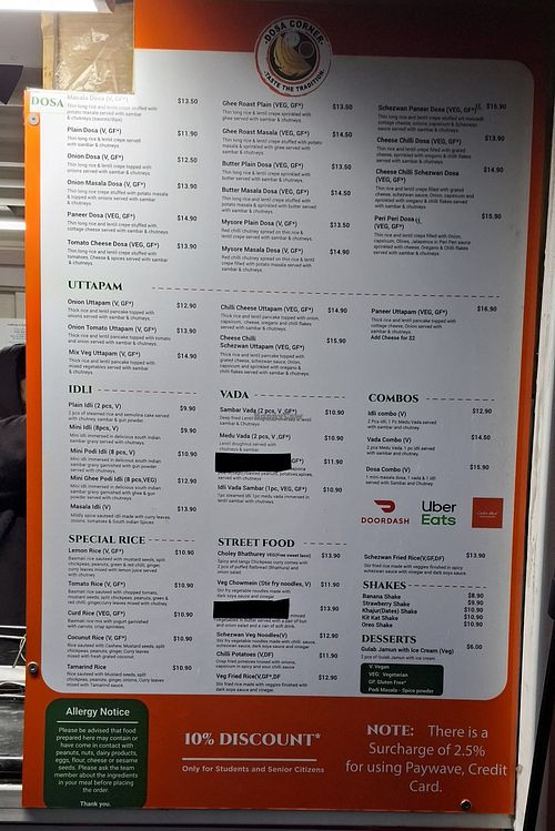 Menu July 2026 at Dosa Corner  in Auckland