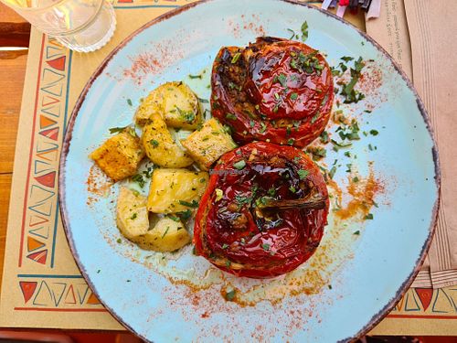Lovely cafe bar restaurant on Perissa beach. Delicious Greek food, friendly service, clean and well maintained facilities. The decor is bright and lively.  at Tranquilo in Santorini