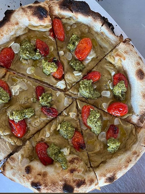 Vegan pesto pizza at Little Bastards in Rhodes