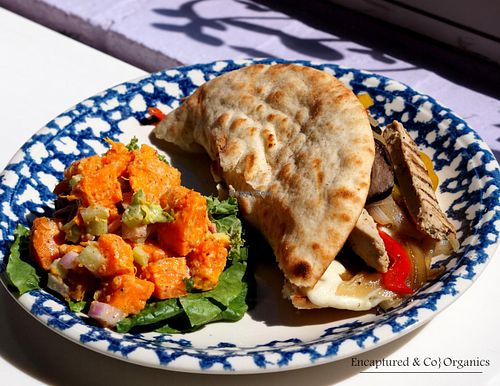 Chicken Free Philly Style Pita with Grilled Onions, Red & Yellow Peppers, Mushrooms, Lightly Seasoned Chicken Free Strips, and Mozzarella Cheese all on a Warm Pita with a side of Sweet Potato Salad.  at Sprouts Cafe in Gastonia