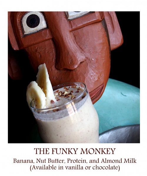 The Funkey Monkey Smoothie with Banana, Nut Butter, Protein, and Almond Milk (available in Vanilla or Chocolate).  at Sprouts Cafe in Gastonia