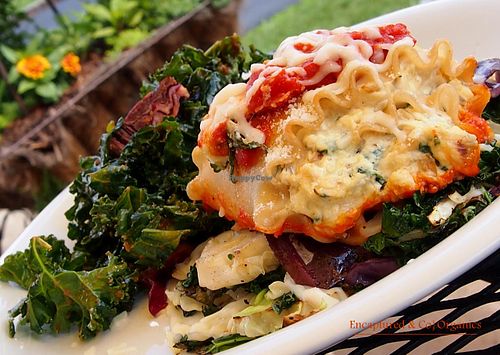 Gluten Free Lasagna Roll! Brown Rice Pasta rolled around a Ricotta, Herb, Kale & Sundried Tomato Filling Baked and Seared over a Mixed Medley of Organic Veggies!  at Sprouts Cafe in Gastonia