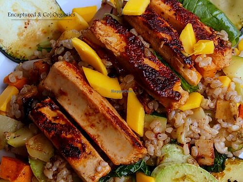 Beyond Meat's chickenless chicken strips marinated in Coconut Lime Marinade before being grilled to perfection and served over Brown Rice with Mixed Veggies & Jerk Coconut Sauce! at Sprouts Cafe in Gastonia
