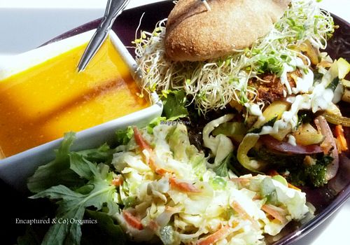 Our own housemade White Bean Quinoa Veggie Burger loaded up with Sauteed, Marinated, Veggies, Sprouts, Fresh Cut Garden Tomatoes, Sprinkled with a blend of Mozzarella Parmesan, Feta, Cheddar Cheeses with Herbal Aioli and White Wine Dijon Mustard. at Sprouts Cafe in Gastonia