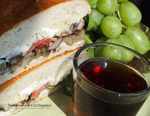 Mushroom, Veggie & Goat Cheese Pressed Sandwich! Grilled Portobello & Crimini Mushrooms with Garden Grilled Creamy Eggplant, Peppers and Basil on a Pressed and Seared Toasty Tolera Roll with Goat Cheese and Basil Aioli! at Sprouts Cafe in Gastonia