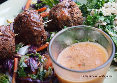 Vegan, Gluten Free, Asian Style Tofu Meatballs over Grilled Veggies with Sweet & Spicy Sauce!  at Sprouts Cafe in Gastonia
