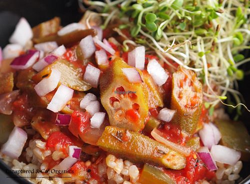 Happy Meatless Monday! Okra & Tomato Creole over Brown Rice! Our own Garden Okra, Tomatoes, Peppers & Onions over Organic Brown Rice! at Sprouts Cafe in Gastonia