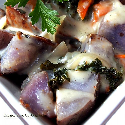 Purple Potatoes & Gravy! Grilled, Purple Potatoes, Organic Kale and Carrots seasoned and topped off with a savory Vegan Onion Gravy!  at Sprouts Cafe in Gastonia