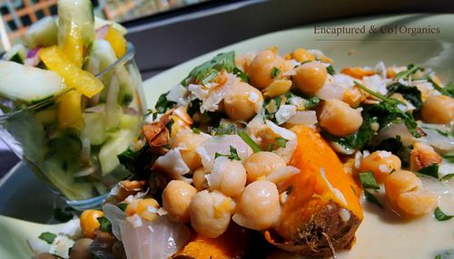 Braised Coconut Spinach & Chickpeas with Lemon over Half-Roasted Sweet Potato! Organic, Garbanzo Beans Braised with Lemon, Ginger, Garlic, Spinach, Coconut Milk, seared over half Roasted Organic Sweet Potato and Sprinkled with Toasted Coconut Flakes! at Sprouts Cafe in Gastonia