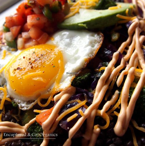 Huevos Rancheros with Grilled Veggies! Toasted 7-grain flax tortilla topped with black lentils,a sunny fried egg, fresh made salsa, fresh cut avocado, and finished with a drizzle of chipotle aioli and a sprinkle of cheddar cheese!  at Sprouts Cafe in Gastonia
