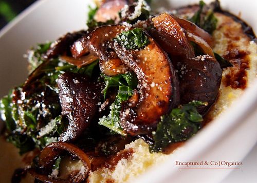 Today's hearty special is gluten free and vegetarian! Kale, Caramelized Onion, and Mushroom Polenta! Our Creamy, Organic Polenta topped with grilled Kale, Caramelized Onion, Balsamic Mushrooms, Romero Cheese, and Balsamic Reduction to finish!  at Sprouts Cafe in Gastonia