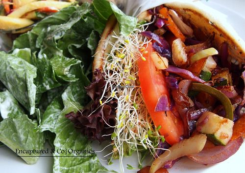 Grilled Veggie Pita today! Seasoned, Organic, Grilled Veggies on a Traditional Thick Pita with a Herby Goat Cheese spread, Fresh Sprouts, Tomato and Spring Mix!  at Sprouts Cafe in Gastonia