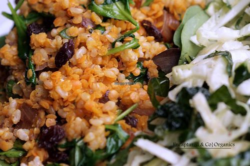 Spiced Red Lentils with Caramelized Onions and Spinach! Gently spiced Red Lentils with Ginger, Coriander, Turmeric, Cumin, and Cinnamon tossed with Caramelized Onions, Spinach, and Short Grain Brown Rice!  at Sprouts Cafe in Gastonia