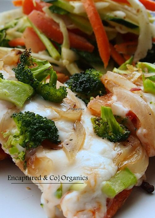 Broccoli, Caramelized Onion, and Red Sauce Pizza! Our traditional Pizza topped with house-made Pizza Sauce, Melted Mozzarella Cheese, Marinated Broccoli Florets, and Caramelized Onions!   at Sprouts Cafe in Gastonia