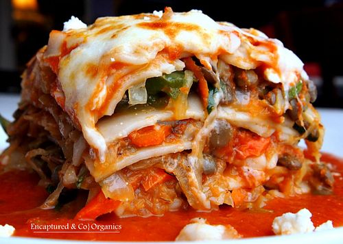 A beautiful veggie lasagna loaded with grilled organic veggies, green lentils, mozzarella and feta cheese, house made marinara sauce and GLUTEN FREE lasagna noodles!  at Sprouts Cafe in Gastonia