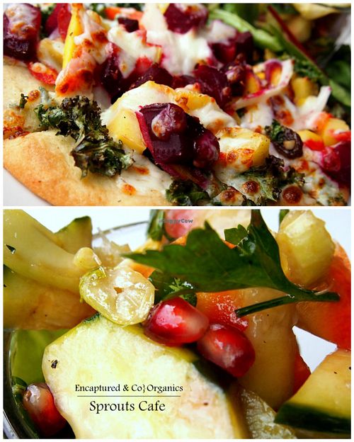 Root Veggie & Kale Pizza! Marinated Curly Kale, Organic Root Veggies including White, Sweet Potatoes, Beets, Rainbow Carrots, and Onion on a Traditional Crust with a Sprinkle of Mozzarella Cheese!  at Sprouts Cafe in Gastonia