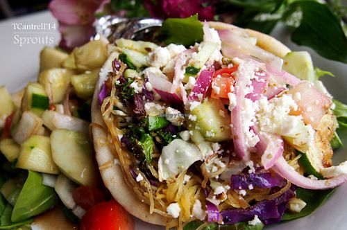 Voted one of the BEST restarants im Gaston County by The Culture Trip! Veggie Gyro with Grilled Organic Veggies including Kale, Zucchini, Red & Green Cabbage, and Spaghetti Squash on a Warm Pita with Tzatziki Sauce, Spring Mix, Feta Cheese Crumbles at Sprouts Cafe in Gastonia