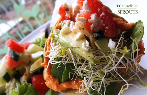  Red Pepper Hummus Wrap with Roasted Red Pepper Hummus with Crispy Greens, Fresh Avocado, Artichoke and Cucumber Salad, and Sprouts!  at Sprouts Cafe in Gastonia