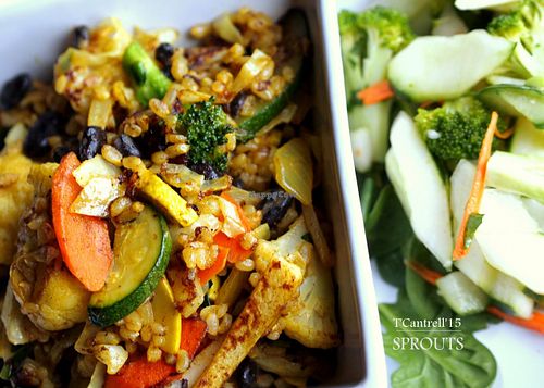 Today's special is a Brown Rice & Black Bean Coconut Curry Stir Fry! Our Organic Brown Rice & Black Beans grilled with Kale, Cabbage, Zucchini, Yellow Squash, Carrots, Turnips, & Broccoli tossed with a Sweet and Sour 
Green Curry Coconut Milk Sauce! at Sprouts Cafe in Gastonia