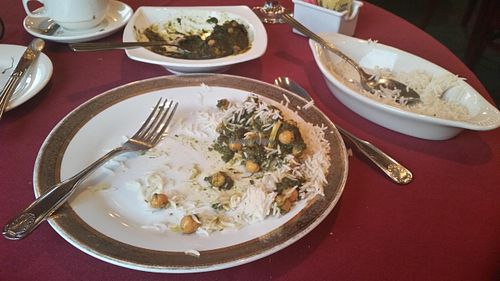 chicken peas with spinach garlic and spices (mild heat) with basmotti rice  very tasty! at Bay Leaf Indian Cuisine in Linthicum