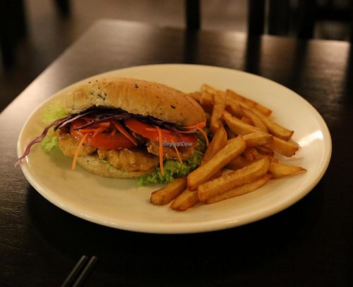 Burger with sweet potato fries at Raku Raku Vegetarian Steamboat and Japanese Cuisine in Petaling Jaya