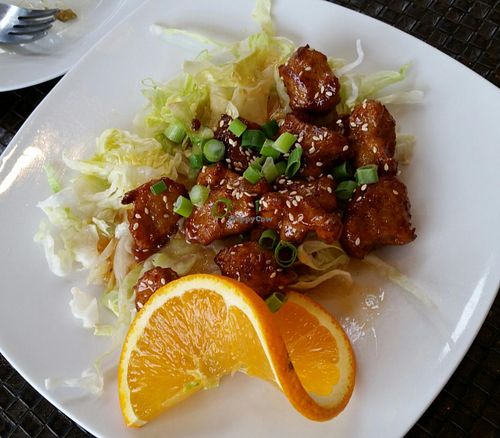 Orange chicken at Veggie House in Los Angeles