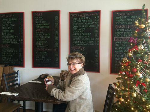 Menu selection and a happy grandma. at Veggie House in Los Angeles