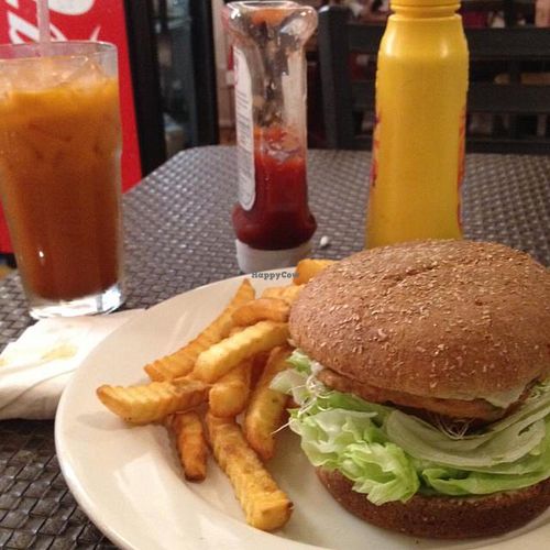 the Cowboy burger with a Thai tea at Veggie House in Los Angeles