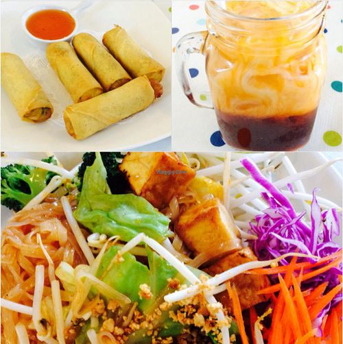 pad thai, egg rolls, thai tea  at Veggie House in Los Angeles