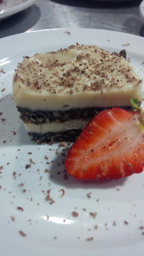 Coffee chocolate layers with vanilla cashew cream layers. at Nourished On The Go in Oshawa