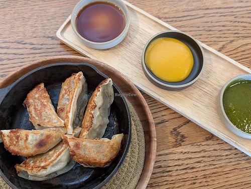 Gyoza w/ three sauces: soy sauce, mango mustard sauce, cilantro jalapeno sauce (amazing) at ippudo V in Brooklyn