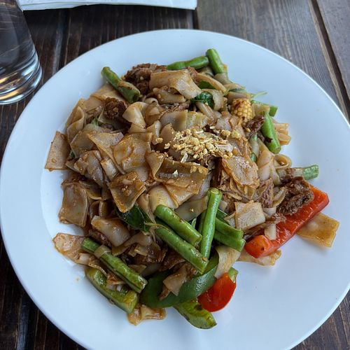 drunken noodles - no egg, fish sauce, or oyster sauce - mock duck  at Iron Pan in Poway