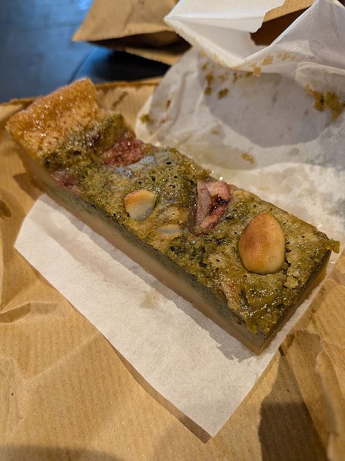 Matcha, strawberry and macadamia blondie at Peerie Shop Cafe in Lerwick