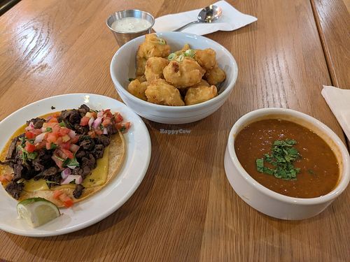 Taco, cauliflower, and lentil soup at Veggie Grill by Next Level - Downtown in Seattle